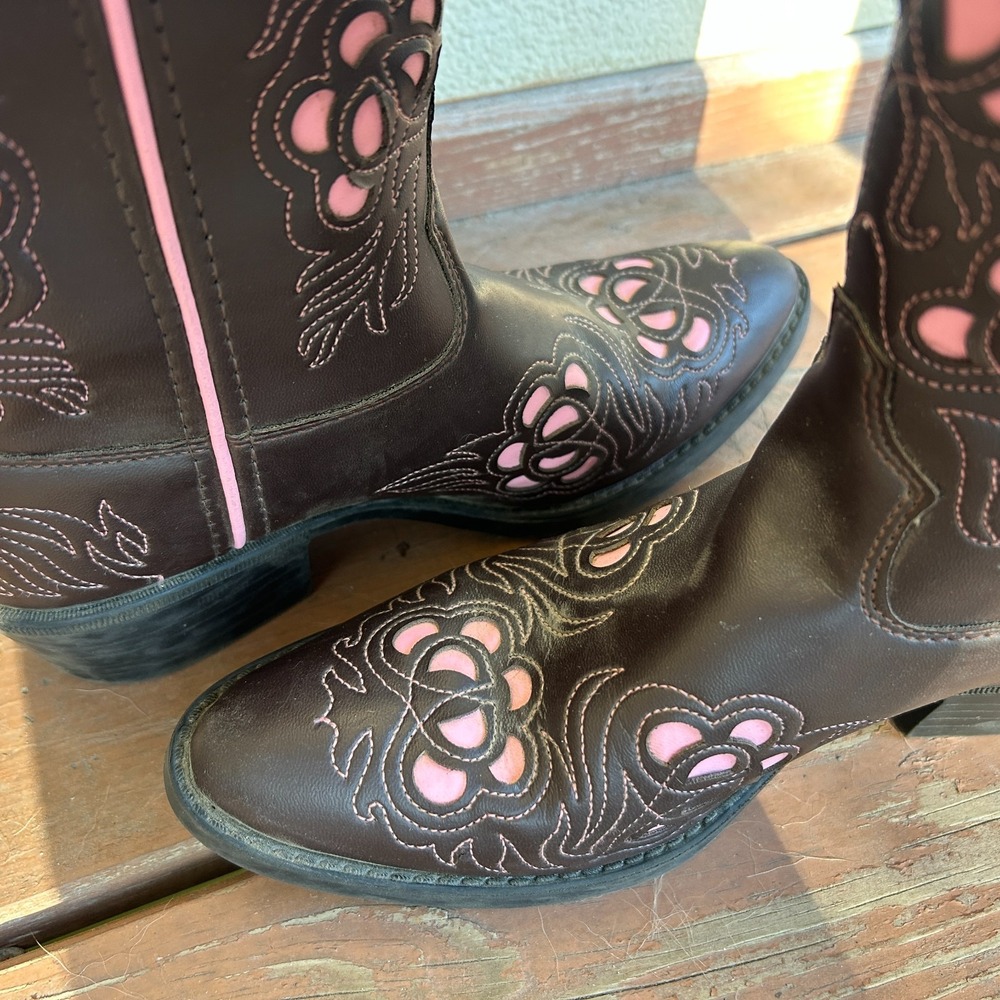 Old West Kids Western Cowboy Boots Brown Pink Rodeo Cut Out Flowers Size 2.5